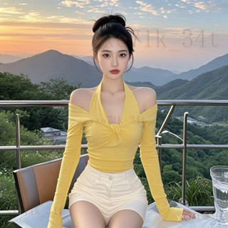 【臺灣出貨】🍋純慾性感辣妹黃色露肩掛脖長袖T恤女 小眾高階感修身顯瘦上衣 長袖T恤女 長袖上衣 女生上衣 露肩上衣