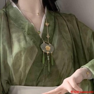 ｓ 古風背雲瓔珞女 新中式馬面裙配飾蓮花瓔珞長背雲流蘇古風漢服軟瓔珞壓襟毛衣項鍊
