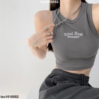 超低價五 歐美辣妹風字母刺繡無袖背心t恤女夏季新款修身短款露臍打底上衣💦
