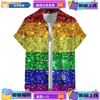 免運 2024 3d 印花彩虹襯衫男士夏季翻領短袖假日派對襯衫街頭服飾嘻哈襯衫上衣男裝