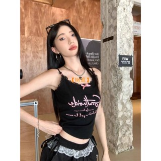 🌸臺灣限時低價【財進】美式復古辣妹印花小吊帶背心女蝴蝶蕾絲花邊黑色修身顯瘦裹胸上衣