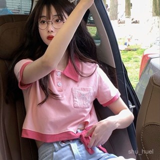 喜約時裝女裝店⭐臺灣出貨韓衣短袖polo衫女夏季2025年新款拚色設計感刺繡T恤短款上衣ins潮