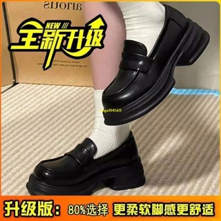 黑色厚底樂福鞋女 新款真皮英倫風 百搭jk小皮鞋 一腳蹬軟底單鞋 學院風臺出跟鞋 日係jk鞋 小皮鞋 增高鞋5/26