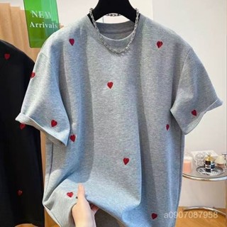 YWW 韓版 美式 大學T 大碼滿身歐貨印花愛心刺繡短袖2025寬鬆夏季新款純棉顯瘦上衣