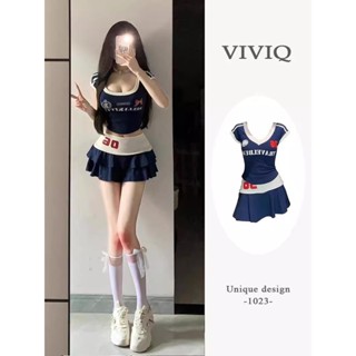 【GDM】美式學院風休閒運動風套裝女裝春季性感u領短袖上衣a字短裙兩件套