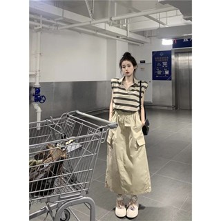 韓係polo領條紋T恤上衣中長款高腰顯瘦工裝半身裙女夏季時尚套裝