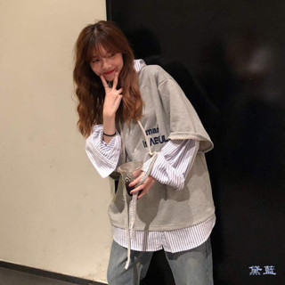 免運🔥 秋季女裝 帽T 連帽上衣 帽t大尺碼 韓版帽T2025春秋新款韓版長袖寬鬆假兩件不規則連帽學生薄款衛衣女上衣潮