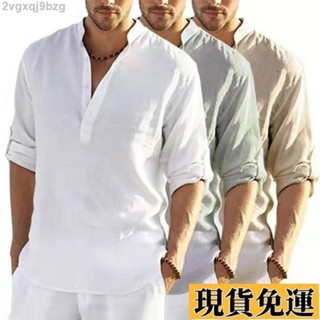 🌷限量購🌷 男上衣短袖襯衫男裝夏季透氣 男士休閒棉麻襯衫 立領青年長袖亞麻超薄款寬鬆白襯衣 ins 簡約款 4YM5