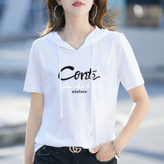 洋裝[店鋪熱銷]100%純棉短袖T恤女2025年夏裝新款韓版寬鬆休閒ins上衣連帽衛衣潮DYJ☆