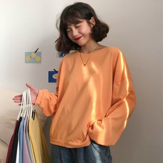鹿小姐✨長袖T恤 大學T 慵懶風寬鬆圓領純色長袖T恤女秋季新款韓版簡約學生套頭上衣