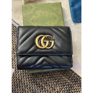 Mia二手 GUCCI 古馳 GG Marmont 474802 斜紋縫線 牛皮 三折 短夾 卡夾 皮夾 黑色 粉色