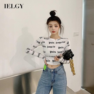 IELGY 字母印花短款緊身長袖T恤上衣秋季新款修身內搭打底衫