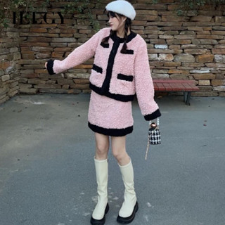 IELGY 甜美時尚羊羔毛短外套上衣秋冬高腰短裙兩件套女