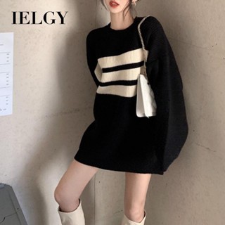 IELGY 韓版女中長款毛衣寬鬆針織條紋上衣