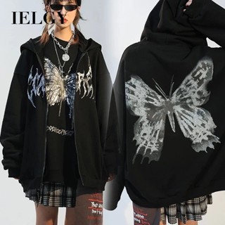 IELGY 朋克風格天鵝絨連帽夾克女蝴蝶印花上衣