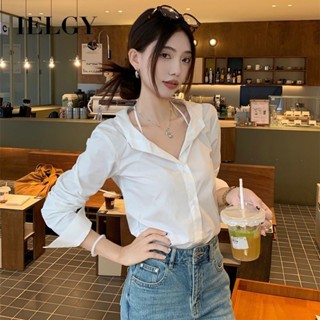 IELGY 白色長袖襯衫女寬鬆V領通勤百搭上衣