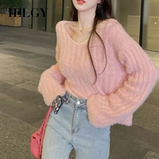 IELGY 粉色v領毛衣女寬鬆慵懶風長袖毛衣
