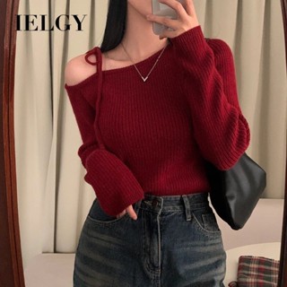 IELGY 紅色露肩繫帶針織毛衣女設計師小眾上衣