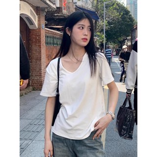 【臺灣發貨】純棉100%白色v領正肩短袖T恤女夏季慵懶風純色打底衫內搭辣妹上衣純色百搭u領短袖T恤女夏季純欲風韓版