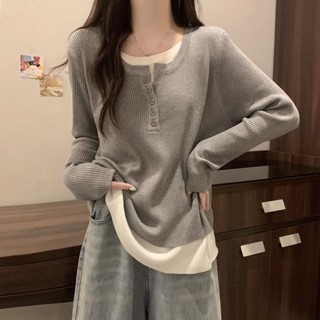 🌸臺灣限價免運🌸鹿鹿 【30天熱銷4362件】灰色假兩件長袖德絨衫女秋冬季新款寬鬆洋氣減齡內搭打底衫上衣女
