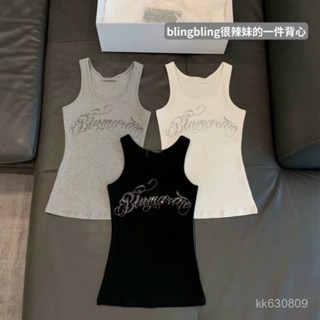 QB 免運 吊帶背心 韓係 歐美風字母燙鑽吊帶背心女夏季內搭修身辣妹無袖T恤外穿打底上衣