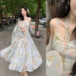 QB 免運 文藝復古風 氣質感 洋裝 假日穿搭 氣質超僊複古溫柔油畵印花碎花吊帶連衣裙法式海邊沙灘度假裙子