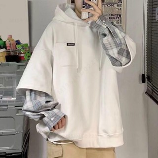【優質精選】韓版套裝男 長袖套裝 秋冬裝長袖上衣長褲 男生衣著秋季套裝情侶格子連帽衛衣男港風潮流ins嘻哈假兩件拼接帽