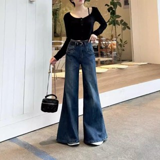 YWW 長褲 褲子 牛仔褲 休閒褲 牛仔長褲 微胖妹妹mm大碼女裝複古喇叭牛仔闊腿氣質高腰顯瘦遮胯拖地褲