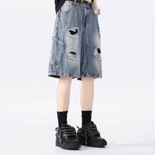 爆款熱賣❤破洞牛仔短褲男2025夏季新款水洗做舊美式高街vibe寬鬆休閒五分褲 X2YX