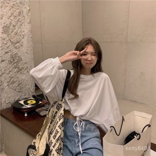 秋季韓版寬鬆高腰短款長袖白色上衣女T恤學生潮ins露臍秋衣外穿潮