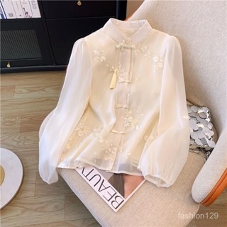 💛限時下殺💛新中式國風刺繡盤扣流蘇長袖寬鬆襯衫女襯衣上衣2025年春夏季新款
