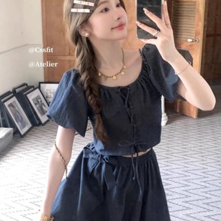點心喵 日系服飾 日系女裝 春天女裝 日系森林系 兩件套夏季新款藍島之戀系帶上衣+蝴蝶結半身裙套裝女學生潮 JGEA