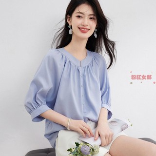 圓領疊穿百搭寬松五分袖襯衫女夏季新款通勤遮肉顯瘦燈籠袖襯衣 短袖襯衫 大尺碼女裝 短袖上衣 夏季女裝 氣質上衣 韓版襯衫