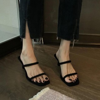 【sunlight推薦】一字涼拖鞋 法式 細跟 仙女鞋子 外穿 黑色氣質高跟鞋 涼鞋 涼拖鞋 中跟鞋女