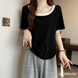 S-4XL 大尺碼 短版上衣 撞色拼接 韓系ins 正肩短袖T恤女夏季大碼胖mm顯瘦設計感鎖骨上衣遮肚別致漂亮小衫