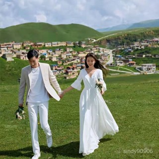 【大碼婚紗】大碼婚紗2021新款新娘200斤加肥加大胖MM旅拍輕婚紗緞麵簡約顯瘦婚禮洋裝婚宴服拖尾大碼婚紗禮服大尺碼洋裝