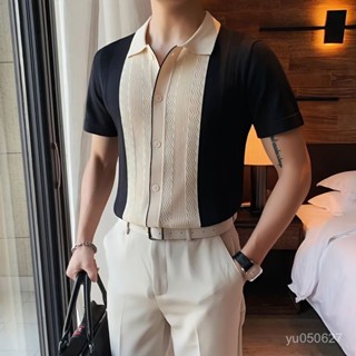 短袖POLO衫男 2024夏季針織短袖T恤男韓版修身輕熟風鏤空翻領半袖英倫POLO開衫
