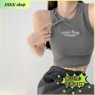 DIKK shop🎀歐美辣妹風字母刺繡無袖背心T恤女 夏季新款 緊身短版露肚打底上衣