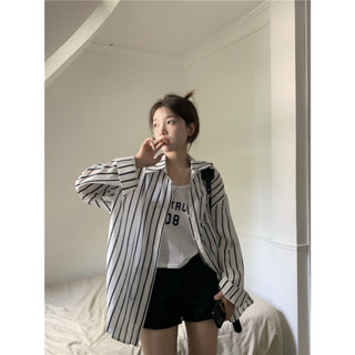 小可家黑白條紋Polo領寬鬆休閒襯衫小眾薄外套初秋長袖疊穿ins上衣女潮 夏季外套 防曬外套 透氣外套 夏天外套女 薄款