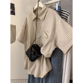 小可家韓國條紋polo領短袖襯衫外套女春夏2024新款胖mm薄款大碼寬鬆上衣 夏季外套 防曬外套 透氣外套 夏天外套女