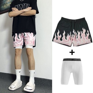 【精品男裝】美式潮牌短褲 火燄印花元素 夏季速幹透氣 四分寬鬆休閒跑步 訓練運動籃球褲