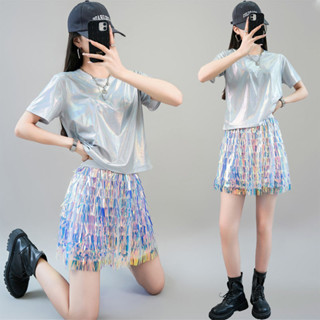 臺灣出貨亮片舞衣 啦啦隊服裝 百褶裙套裝 休閒性感舞衣 短袖套裝女舞臺裝寬松百搭亮閃閃學生爵士舞服裝啦啦隊演出服