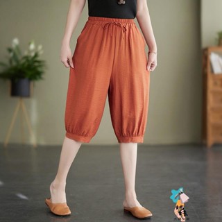 冰絲棉麻休閑闊腿燈籠褲女 2025夏季新款寬松大碼純色時尚五分短褲 五分褲 短褲 運動褲 短褲女 休閒短褲 大尺碼短褲
