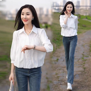 (臺灣出貨)SY韓版七分襯衫春夏新款遮肚子顯瘦時尚寬鬆休閒氣質洋氣短袖襯衫短款上衣翻領上衣短袖上衣