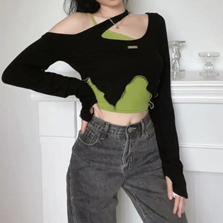 ⚡桃園出貨🚗兩件套辣妹性感長袖上衣女 露鎖骨上衣 性感 緊身長袖上衣 薄長袖 V領上衣 長袖T恤 女生長袖上衣