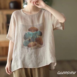 Qurora M-4XL 大尺碼棉麻上衣 文藝復古短袖女 時尚洋氣 復古棉麻印花上衣女寬松套頭文藝復古休閑短袖T恤潮