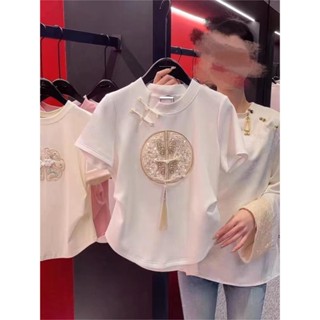 特大碼女裝中式國風盤扣愛心短袖T恤女夏寬松顯瘦收腰上衣女 國潮 中國風上衣 復古上衣 大尺碼上衣 顯瘦 新中式上衣