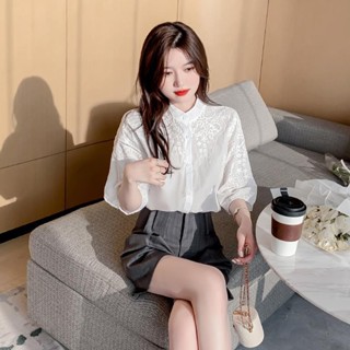 🚚免運+實拍 七分袖襯衫女 韓版襯衫 雪紡襯衫 襯衫女 上衣女 白色中袖T恤蕾絲襯衫女上衣七分袖打底衫夏季新款勾花鏤空