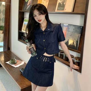 🌺臺灣限時低價🌺大碼胖MM辣妹牛仔套裝女夏季設計感短款上衣半身裙炸街甜酷兩件套