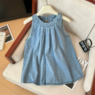 【Sweet Oversize】美式壓褶掛脖吊帶牛仔襯衫女夏複古減齡無袖背心藍色寬鬆露肩上衣
